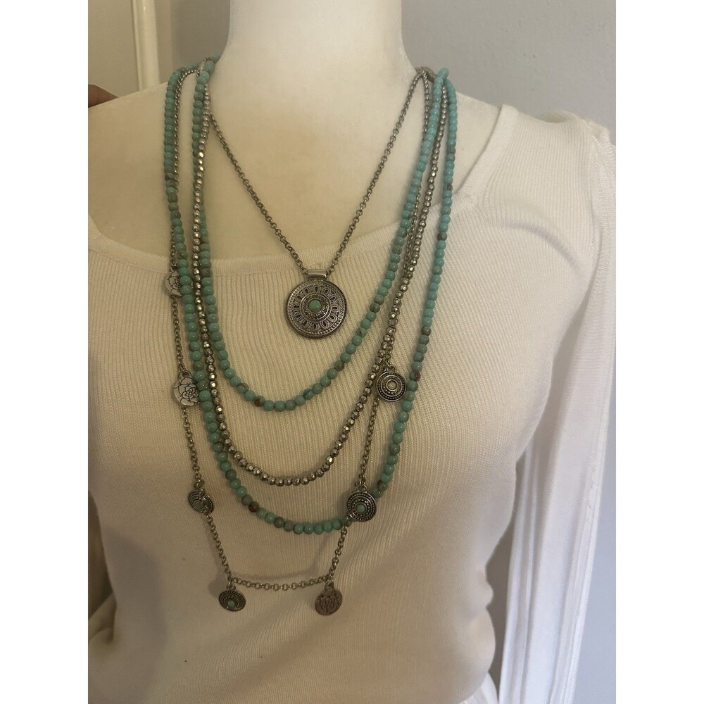 Lucky Brand Layered Turquoise Beaded Necklace Silver Tone Boho Statement Pendant - Picture 3 of 7